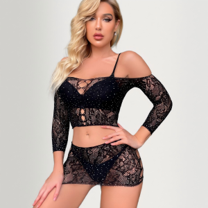 Sparkling rhinestone tube-top two-piece bodysuit