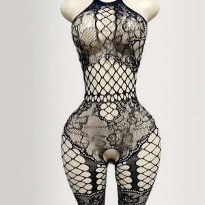 Hollowout mesh bodysuit with hip skirt
