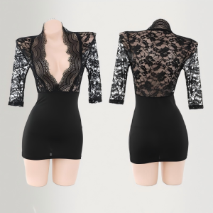 Deep V Exposed Lace Secretary Bodycon Skirt