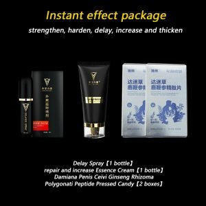 Instant effect package: strengthen, harden, delay, increase and thicken, Delay Spray【1 bottle】 + repair and increase Essence Cream【1 bottle】+Damiana Penis Ceivi Ginseng Rhizoma Polygonati Peptide Pressed Candy【2 boxes】