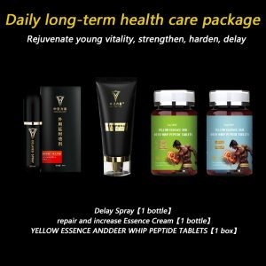 Daily long-term health care package: Rejuvenate young vitality, strengthen, harden, delay, increase and thicken,Delay Spray【1 bottle】 + repair and increase Essence Cream【1 bottle】+YELLOW ESSENCE ANDDEER WHIP PEPTIDE TABLETS【1 box】